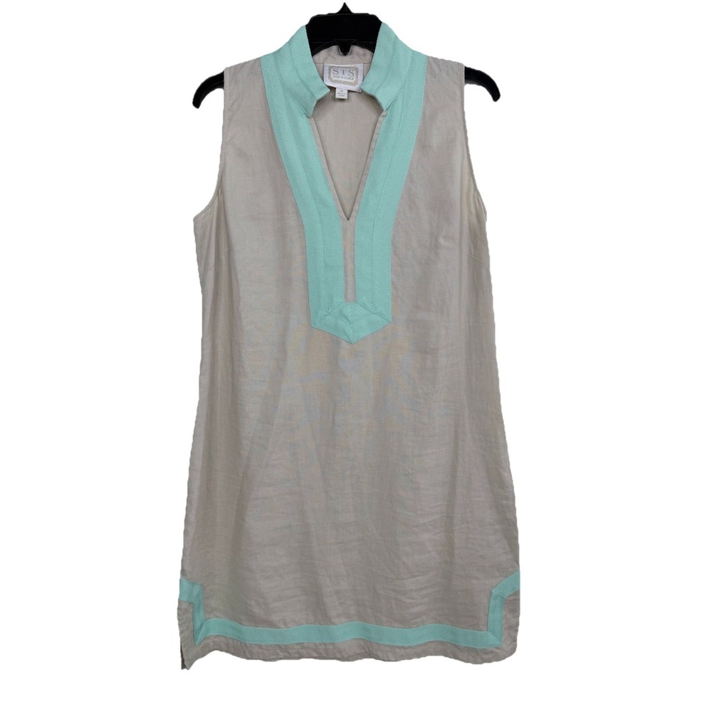 Sail To Sable Dress Womens M Beige Linen‎ Classic Tunic Coastal Beach Resortwear